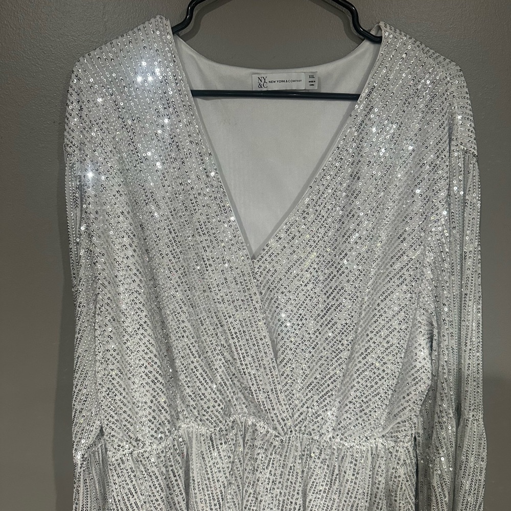 New York & Company Silver Sequin Wrap Top